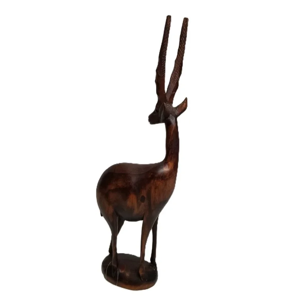 Hand Carved Wood Gazelle Pair African Safari Tribal Decor Bohemian MCM
